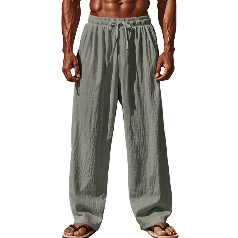 Men Cotton Linen Wide Leg Pants Brown Spring Fall — feature 43
