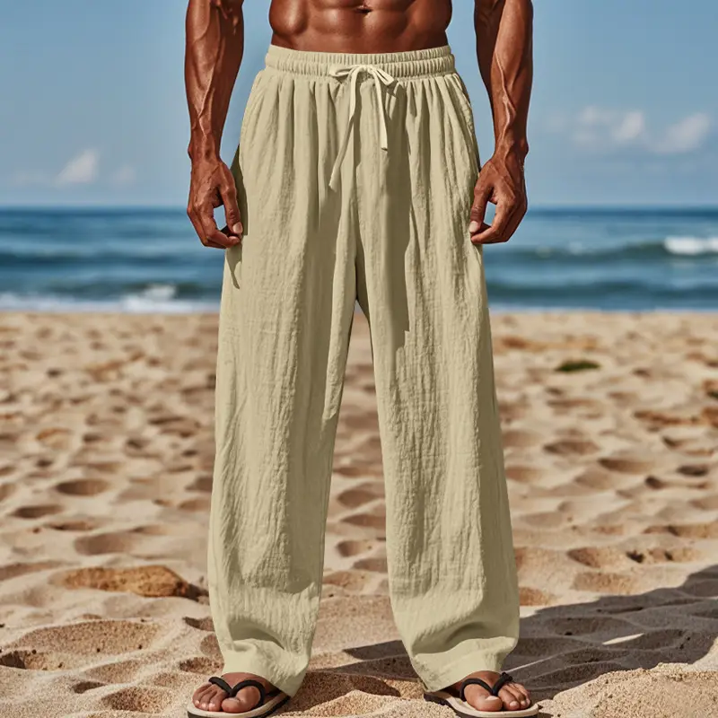 Men Cotton Linen Wide Leg Pants Brown Spring Fall — feature 44
