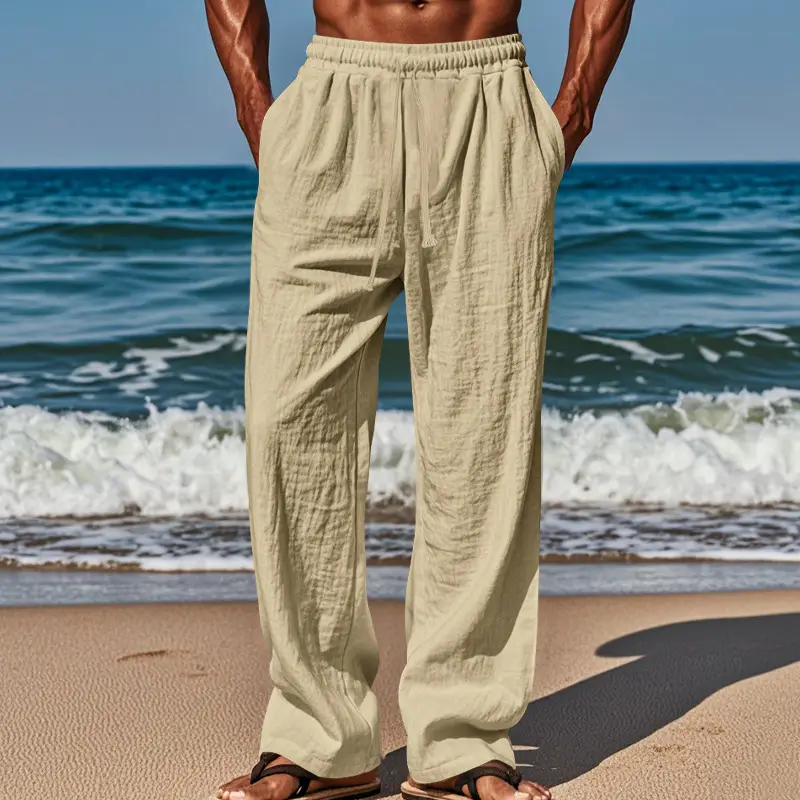 Men Cotton Linen Wide Leg Pants Brown Spring Fall — feature 45