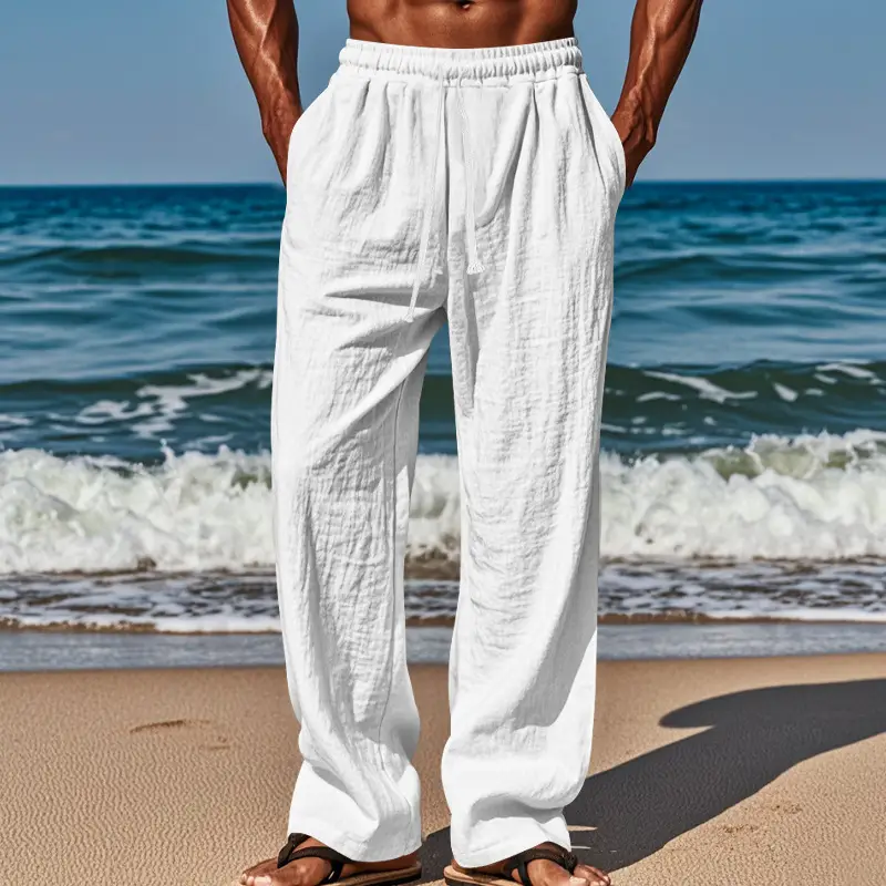 Men Cotton Linen Wide Leg Pants Brown Spring Fall — feature 5