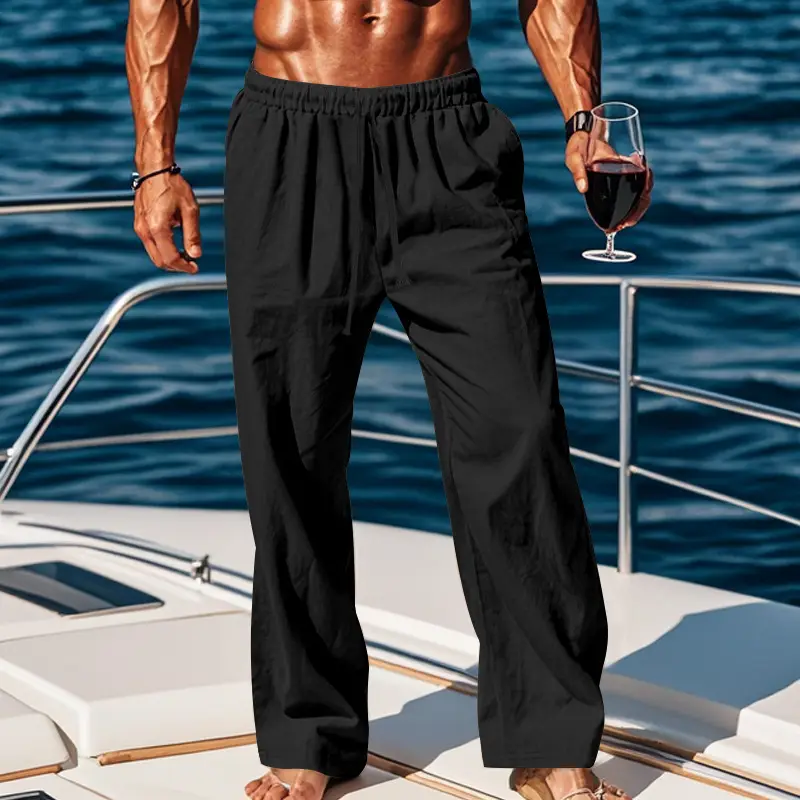Men Cotton Linen Wide Leg Pants Brown Spring Fall - Image 3