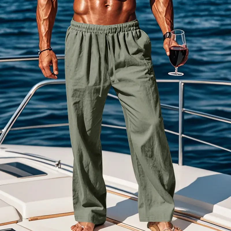 Men Cotton Linen Wide Leg Pants Brown Spring Fall - Image 4