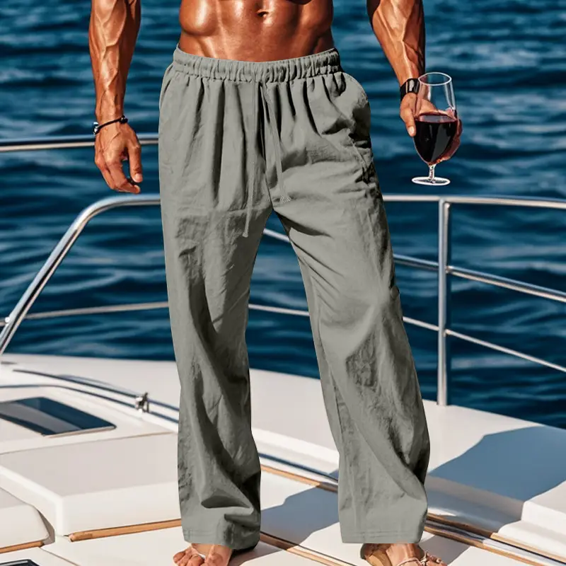 Men Cotton Linen Wide Leg Pants Brown Spring Fall - Image 5