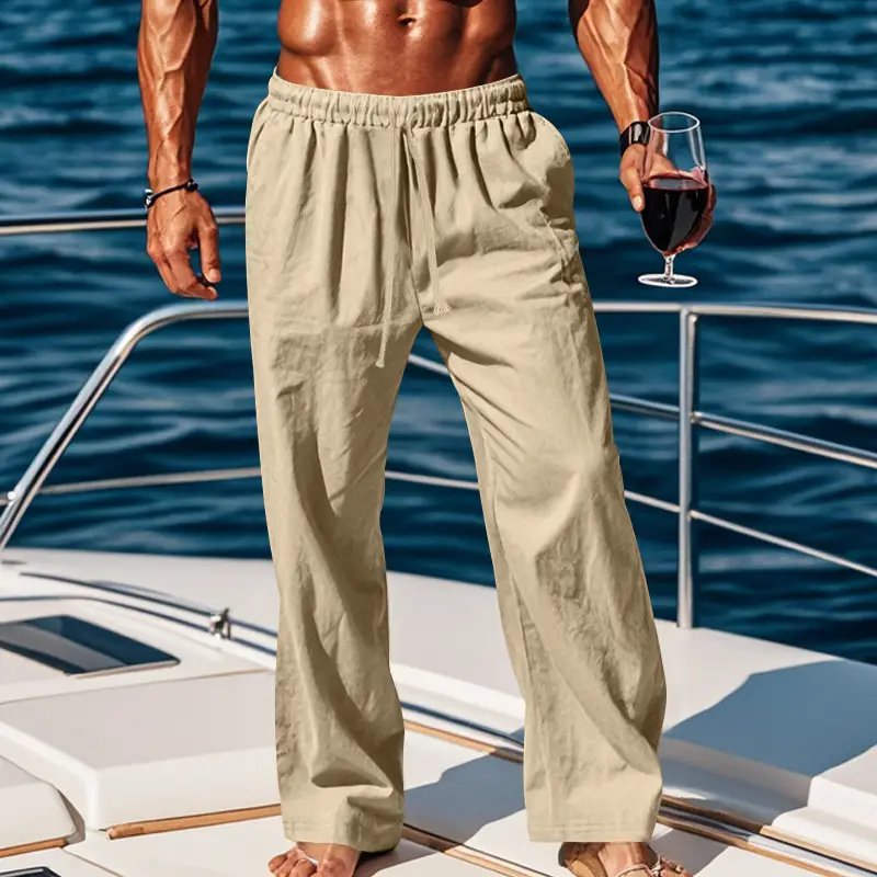 Men Cotton Linen Wide Leg Pants Brown Spring Fall - Image 6
