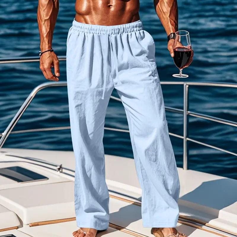 Men Cotton Linen Wide Leg Pants Brown Spring Fall - Image 7