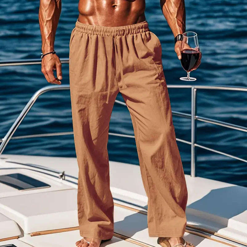 Men Cotton Linen Wide Leg Pants Brown Spring Fall - Image 8