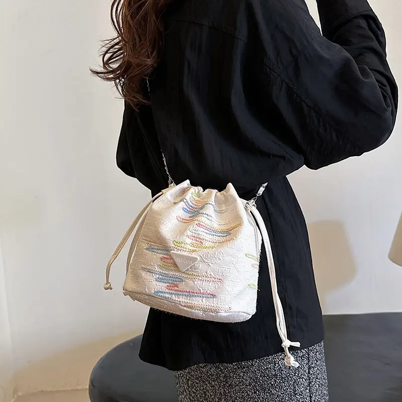 Yellow Drawstring Bucket Bag with Embroidery and Chain Strap