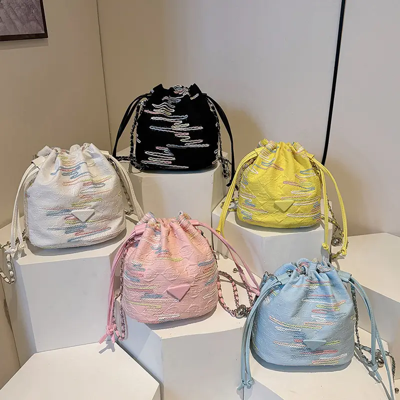 Yellow Drawstring Bucket Bag with Embroidery and Chain Strap