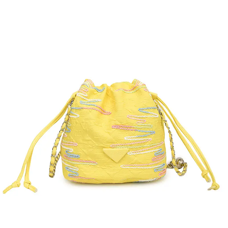 Yellow Drawstring Bucket Bag with Embroidery and Chain Strap