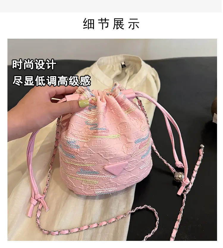 Yellow Drawstring Bucket Bag with Embroidery and Chain Strap — feature 13