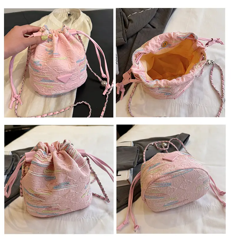 Yellow Drawstring Bucket Bag with Embroidery and Chain Strap — feature 15