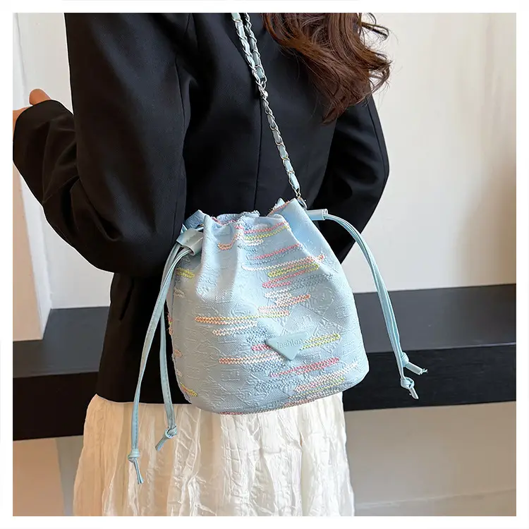 Yellow Drawstring Bucket Bag with Embroidery and Chain Strap — feature 16