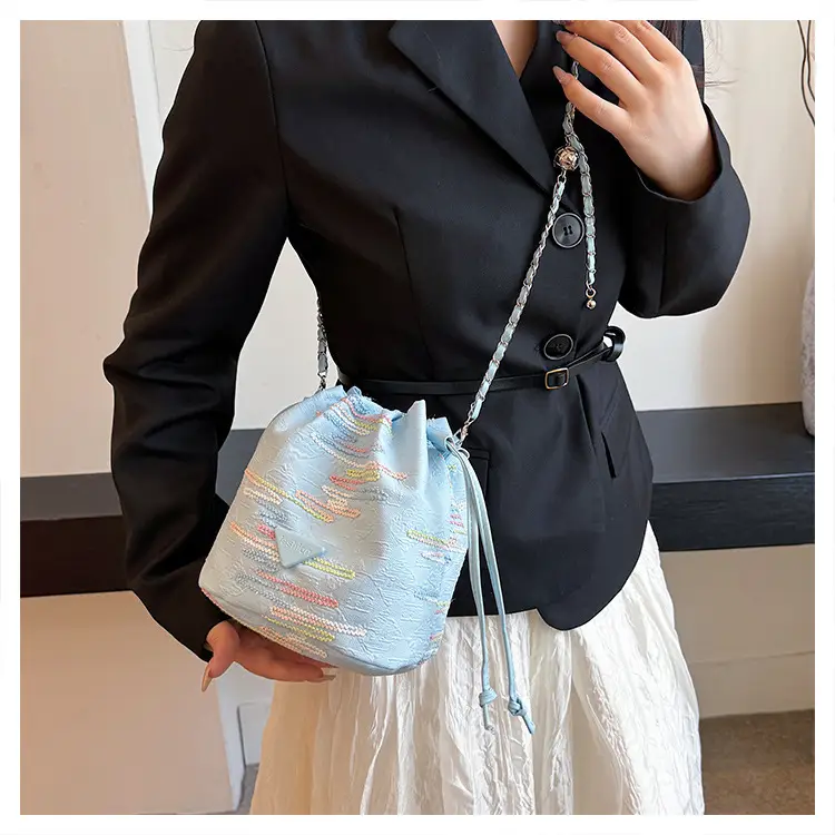 Yellow Drawstring Bucket Bag with Embroidery and Chain Strap — feature 17