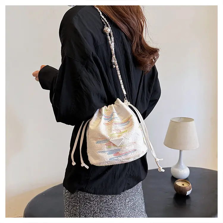 Yellow Drawstring Bucket Bag with Embroidery and Chain Strap — feature 18