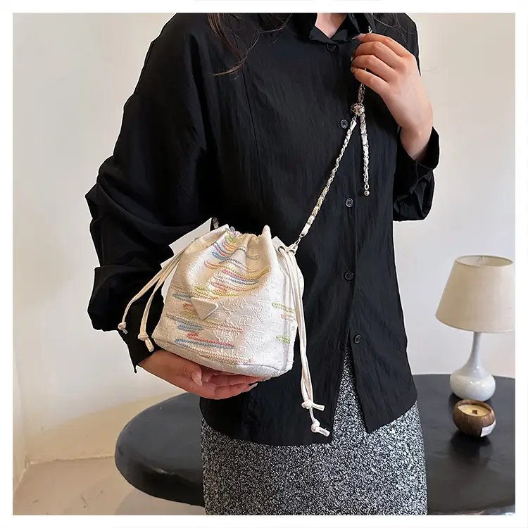 Yellow Drawstring Bucket Bag with Embroidery and Chain Strap — feature 19
