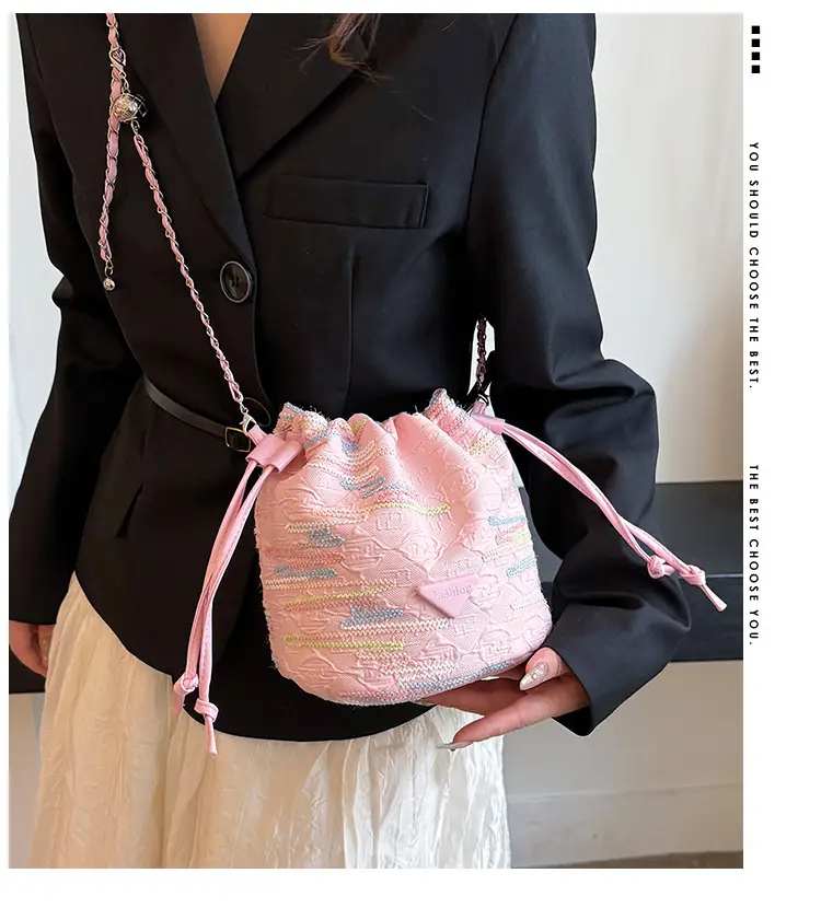 Yellow Drawstring Bucket Bag with Embroidery and Chain Strap — feature 2