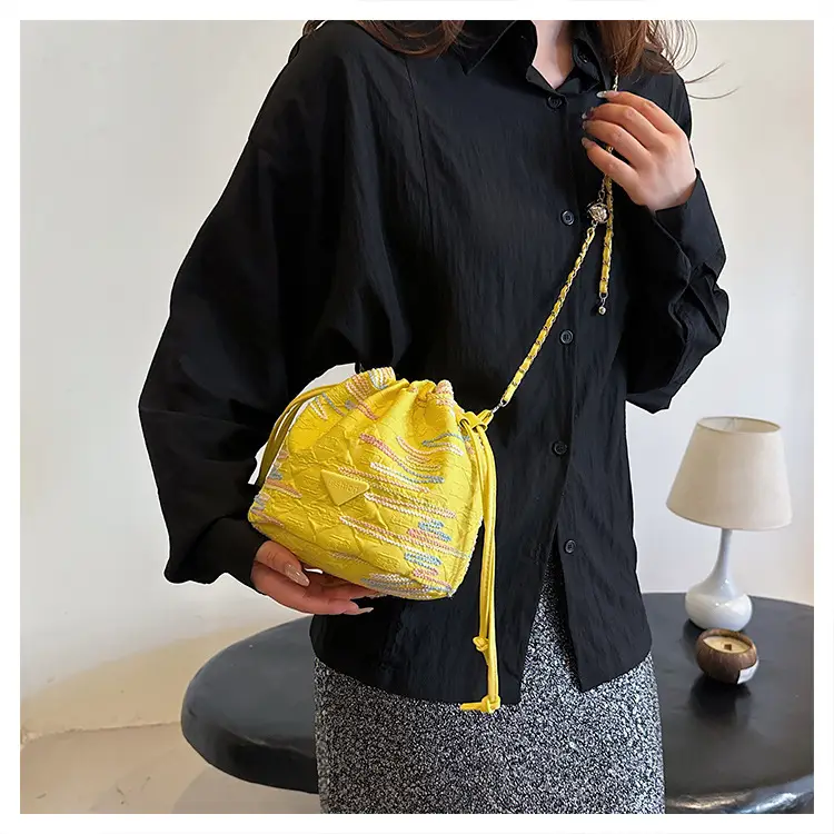 Yellow Drawstring Bucket Bag with Embroidery and Chain Strap — feature 20