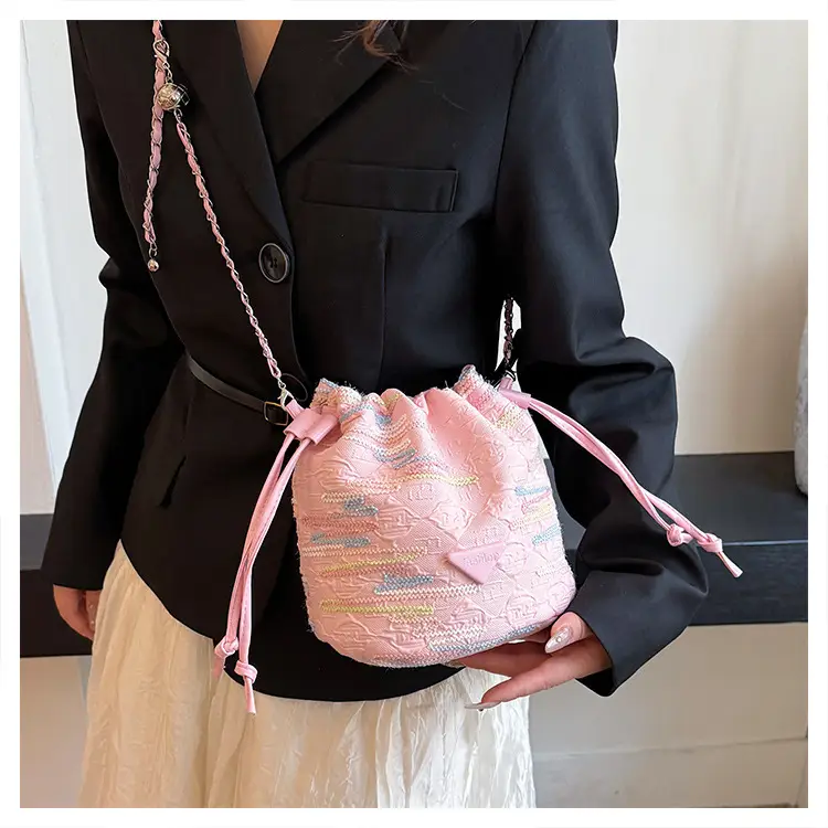 Yellow Drawstring Bucket Bag with Embroidery and Chain Strap — feature 22