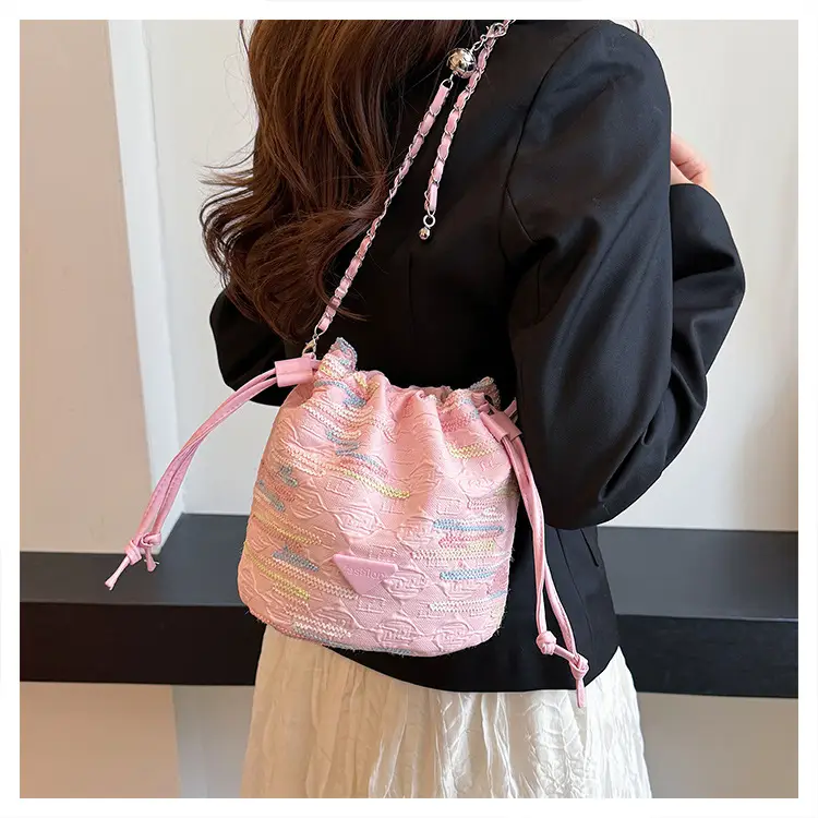 Yellow Drawstring Bucket Bag with Embroidery and Chain Strap — feature 23