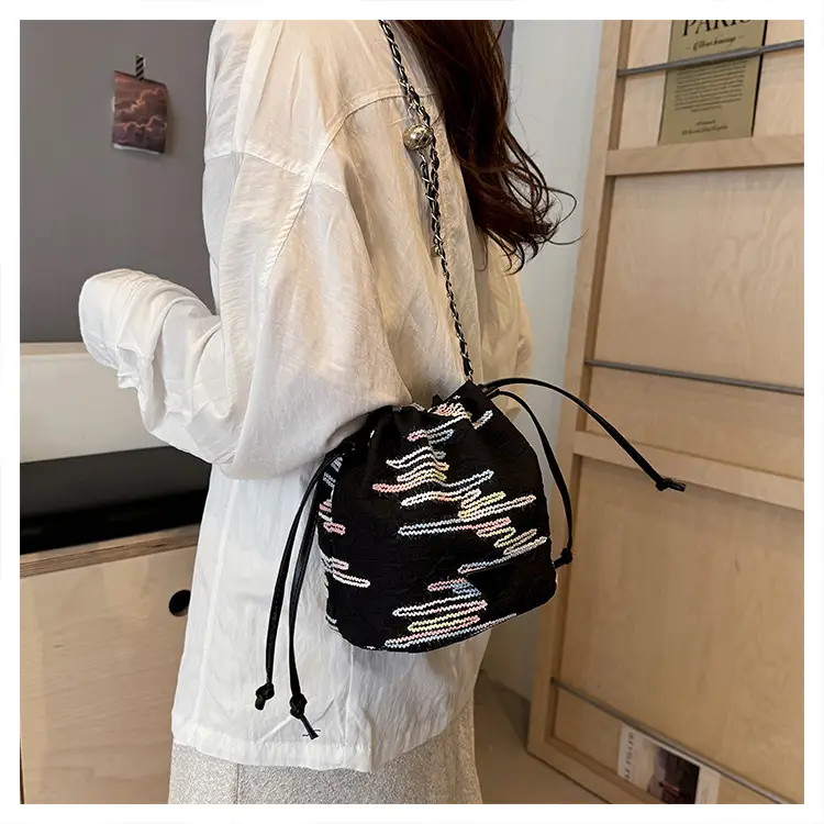 Yellow Drawstring Bucket Bag with Embroidery and Chain Strap — feature 25