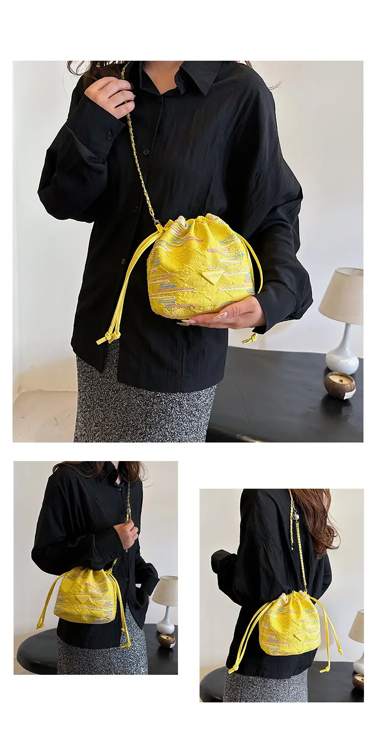 Yellow Drawstring Bucket Bag with Embroidery and Chain Strap — feature 26