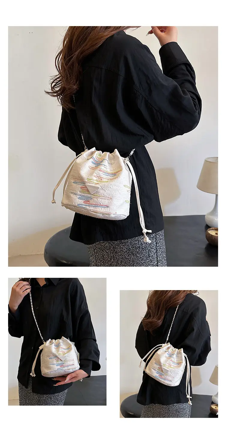 Yellow Drawstring Bucket Bag with Embroidery and Chain Strap — feature 27