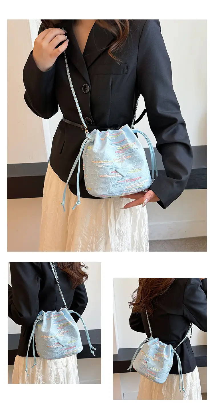 Yellow Drawstring Bucket Bag with Embroidery and Chain Strap — feature 29