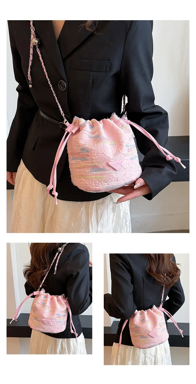 Yellow Drawstring Bucket Bag with Embroidery and Chain Strap — feature 30