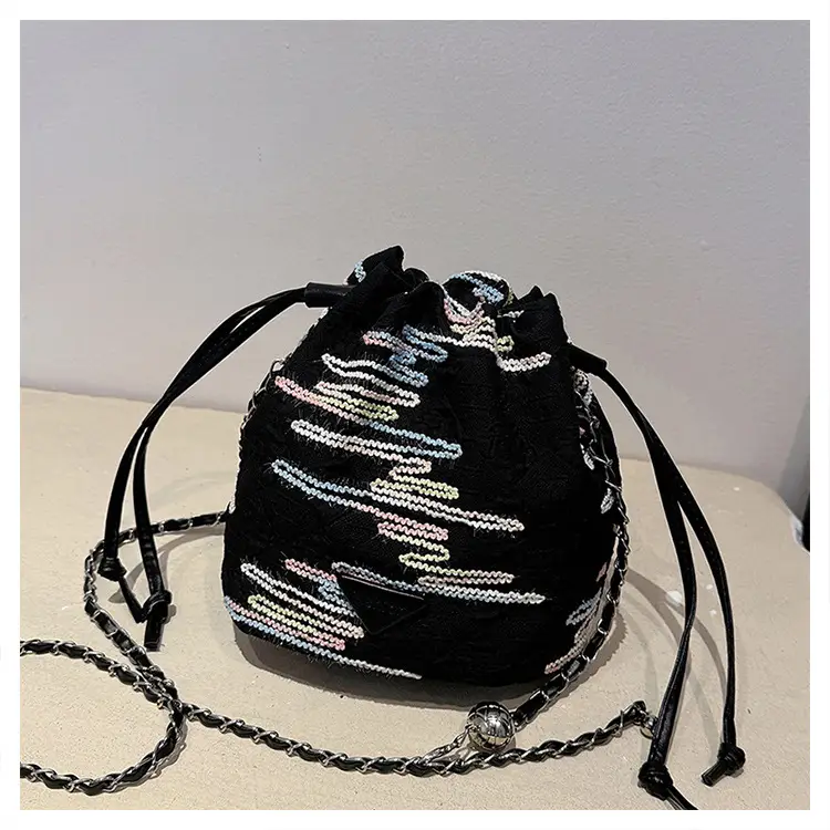 Yellow Drawstring Bucket Bag with Embroidery and Chain Strap — feature 35
