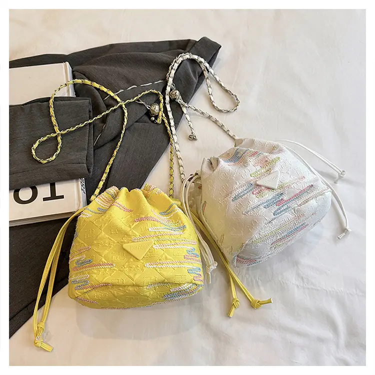 Yellow Drawstring Bucket Bag with Embroidery and Chain Strap — feature 36