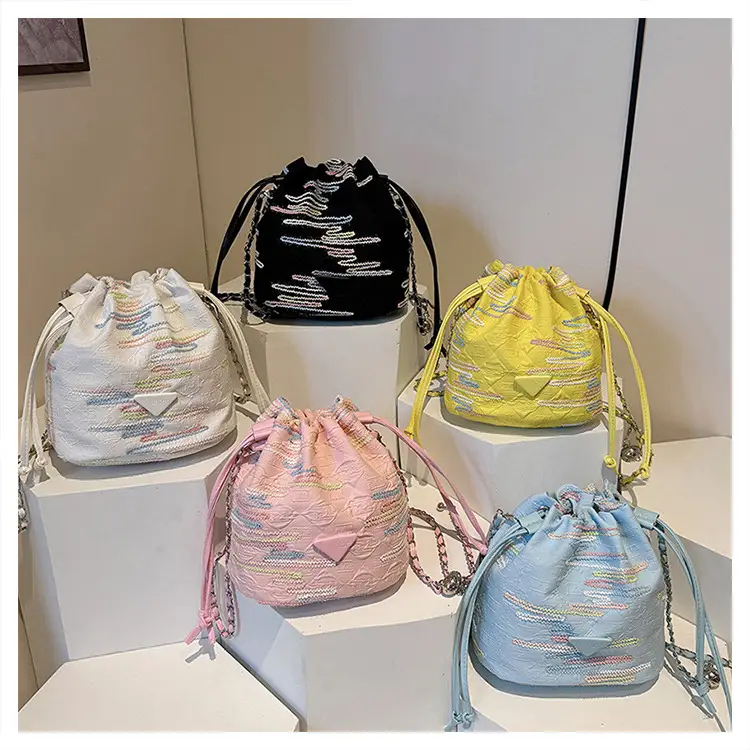 Yellow Drawstring Bucket Bag with Embroidery and Chain Strap — feature 38