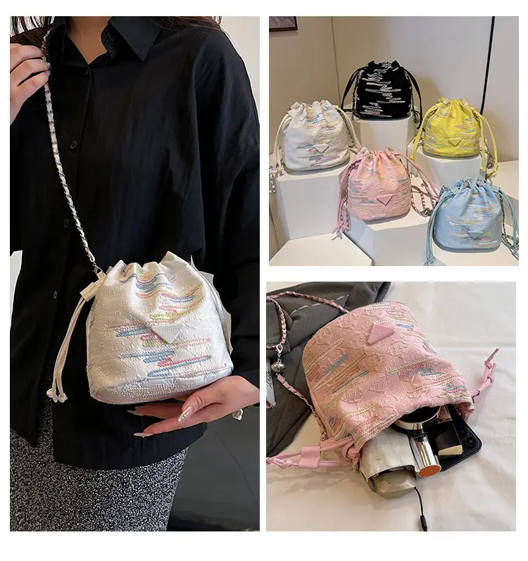 Yellow Drawstring Bucket Bag with Embroidery and Chain Strap — feature 6