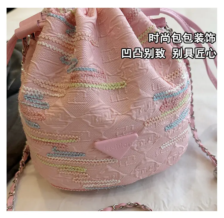 Yellow Drawstring Bucket Bag with Embroidery and Chain Strap — feature 8