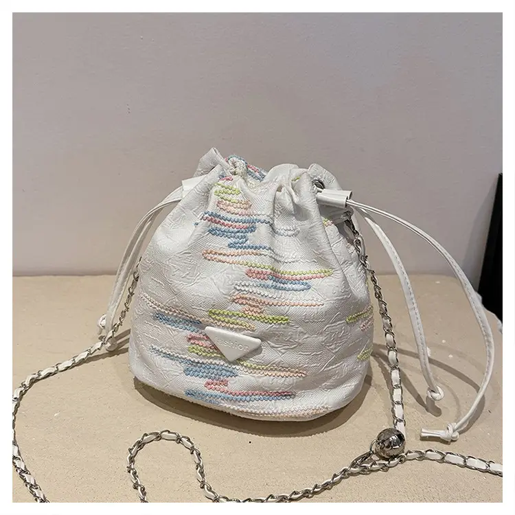 Yellow Drawstring Bucket Bag with Embroidery and Chain Strap