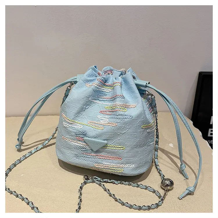 Yellow Drawstring Bucket Bag with Embroidery and Chain Strap