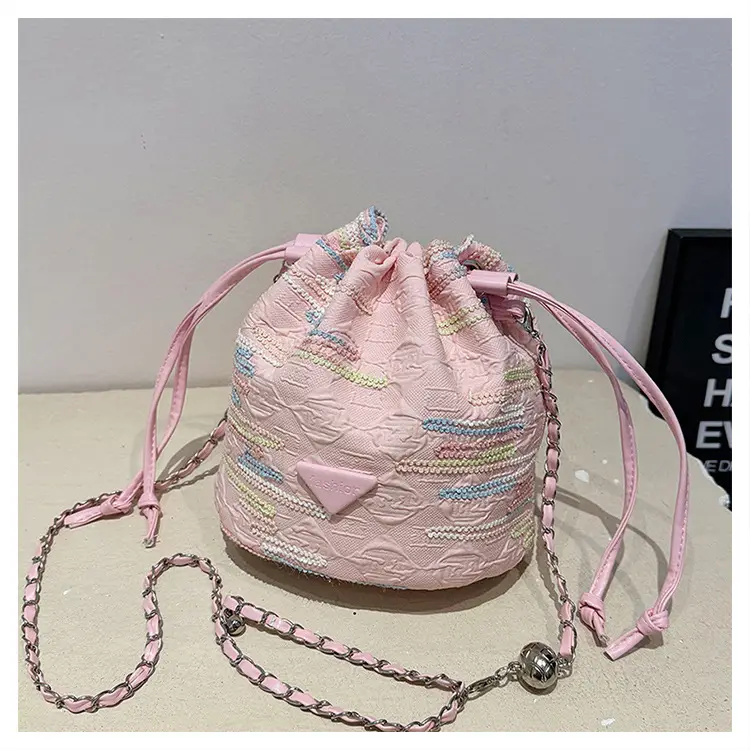 Yellow Drawstring Bucket Bag with Embroidery and Chain Strap