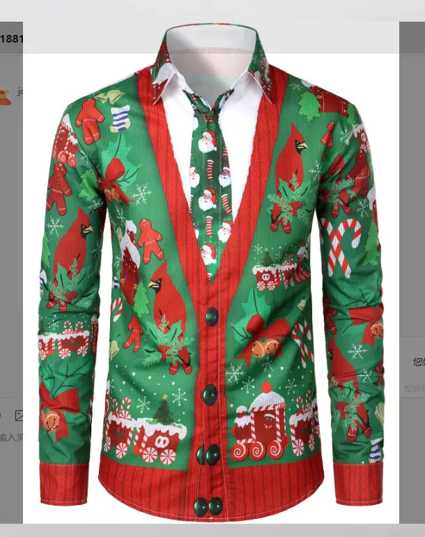 Men's 3D Digital Printed Long Sleeve Shirt with Santa & Snowman Design