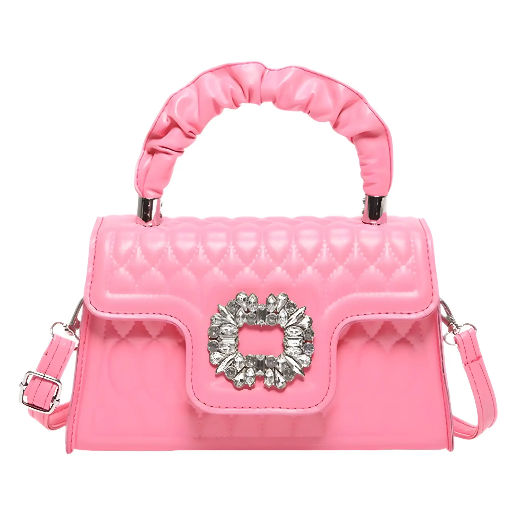 Pink Quilted Crossbody Bag with Crystal Flower Decor - Image 11