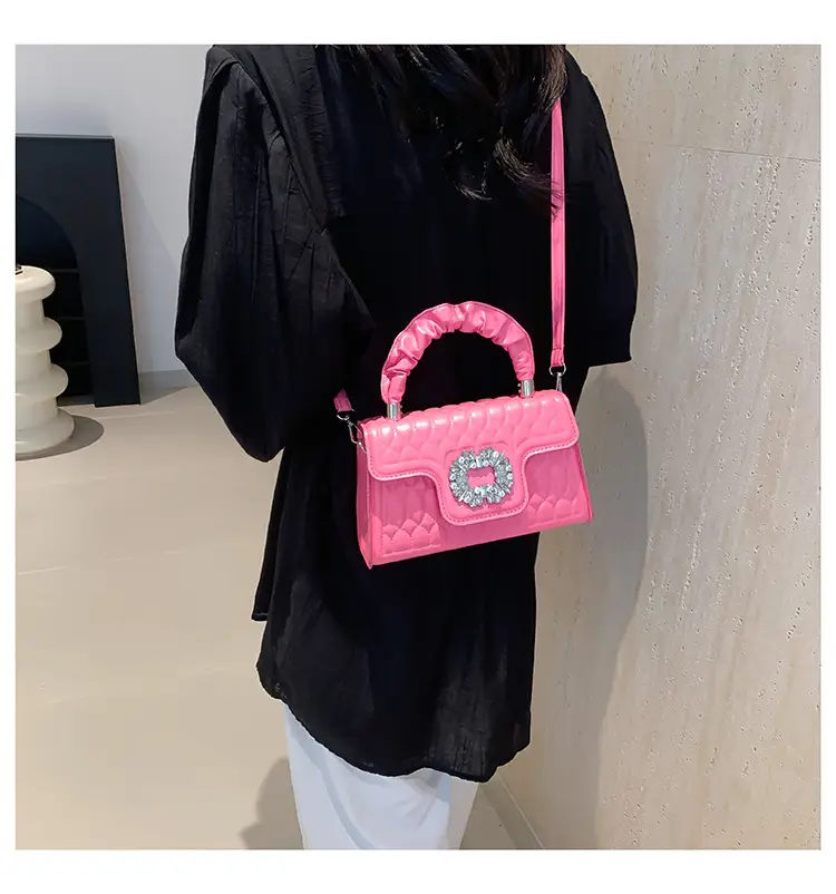 Pink Quilted Crossbody Bag with Crystal Flower Decor — feature 17