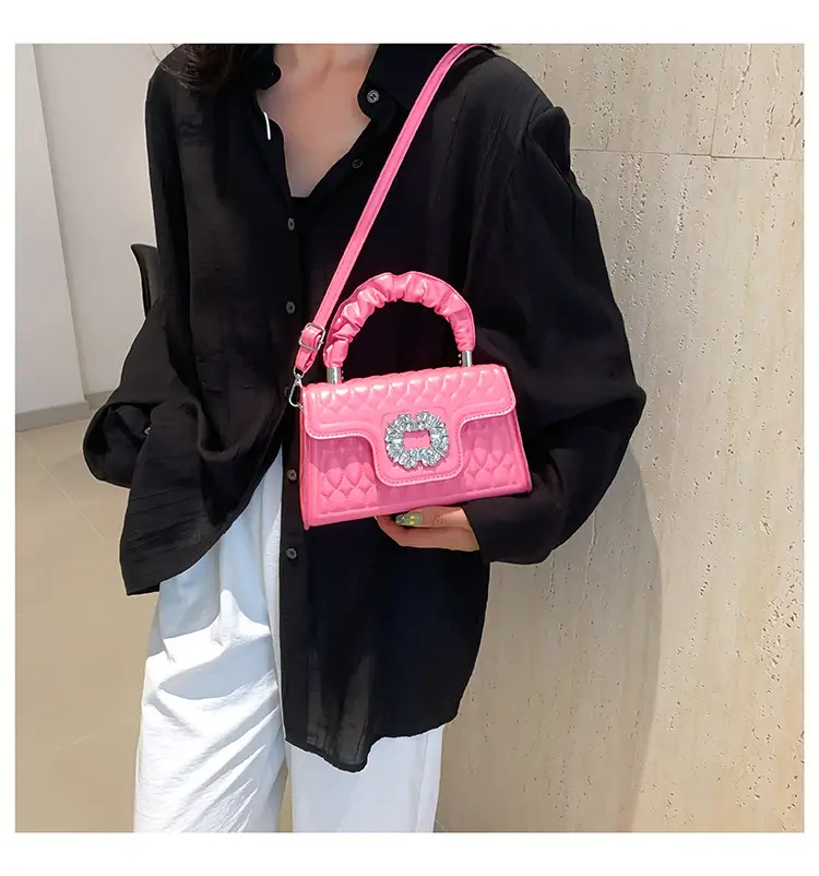 Pink Quilted Crossbody Bag with Crystal Flower Decor — feature 18