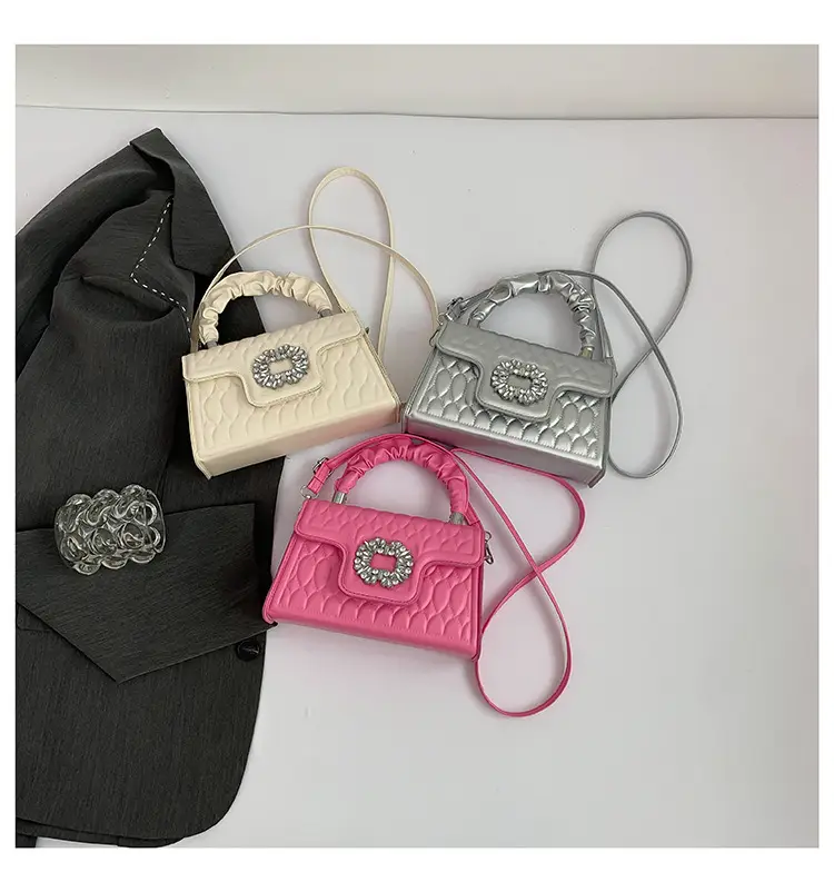 Pink Quilted Crossbody Bag with Crystal Flower Decor — feature 23