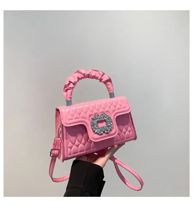 Pink Quilted Crossbody Bag with Crystal Flower Decor — feature 25