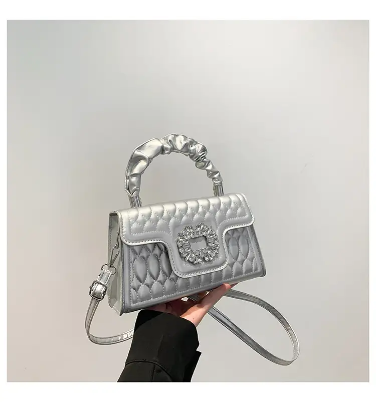 Pink Quilted Crossbody Bag with Crystal Flower Decor — feature 27