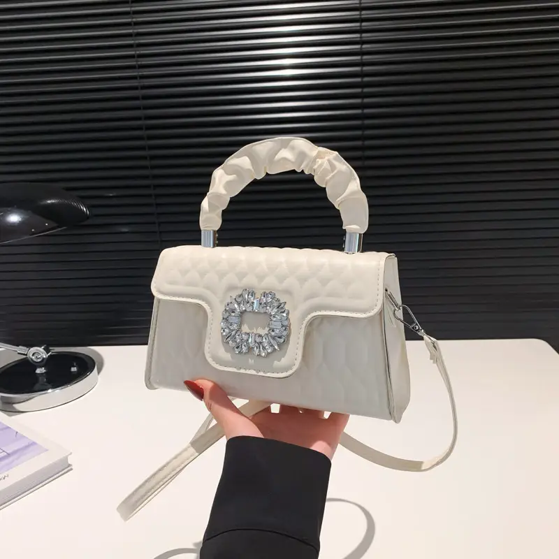 Pink Quilted Crossbody Bag with Crystal Flower Decor - Image 2