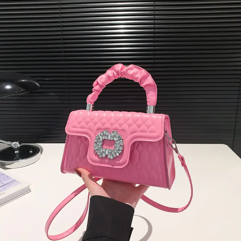 Pink Quilted Crossbody Bag with Crystal Flower Decor - Image 4