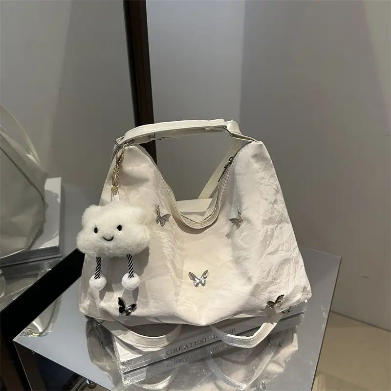 White Leather Butterfly Shoulder Bag with Butterfly Embroidery - Image 14
