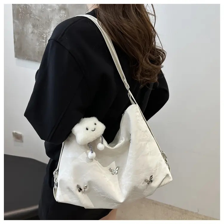 White Leather Butterfly Shoulder Bag with Butterfly Embroidery — feature 11