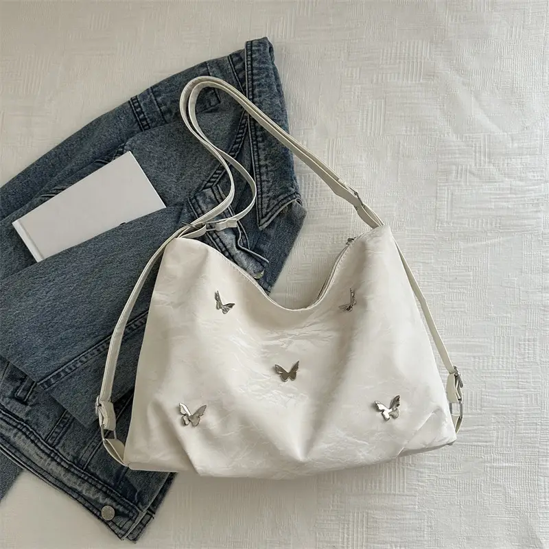 White Leather Butterfly Shoulder Bag with Butterfly Embroidery - Image 2