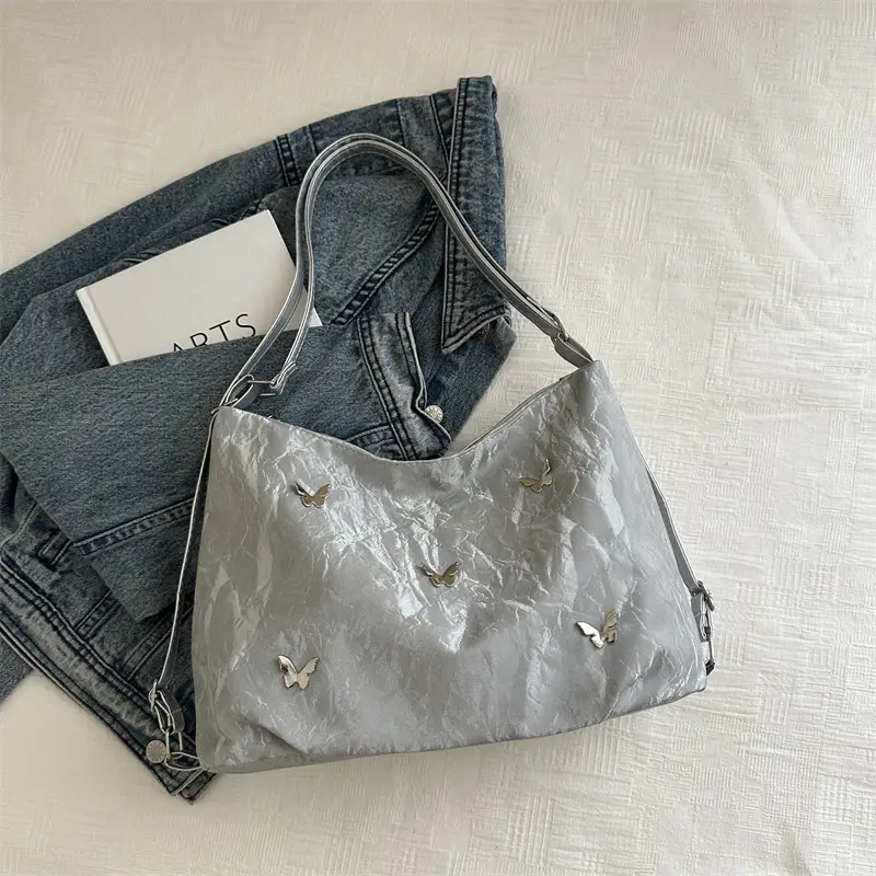 White Leather Butterfly Shoulder Bag with Butterfly Embroidery - Image 4