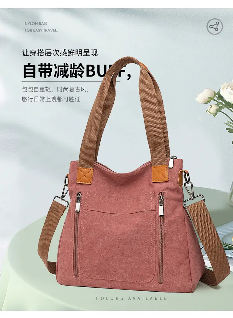 Women's Pink Canvas Shoulder Bag Large Capacity — feature 3